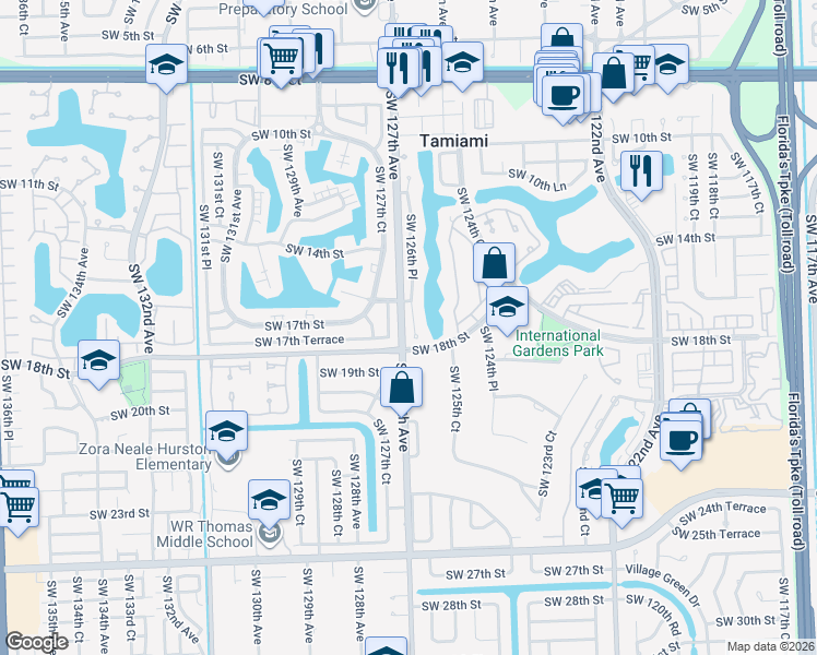 map of restaurants, bars, coffee shops, grocery stores, and more near 1700 Southwest 126th Place in Miami