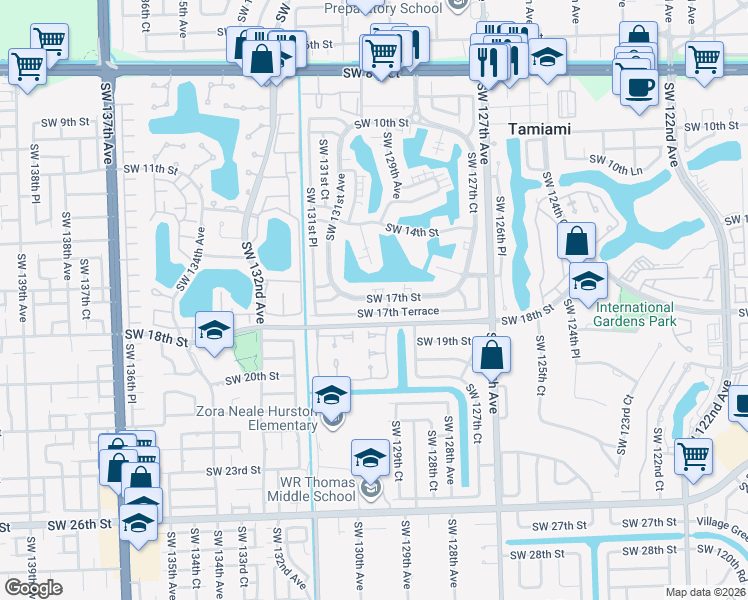map of restaurants, bars, coffee shops, grocery stores, and more near 12970 Southwest 17th Street in Miami