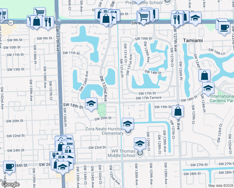 map of restaurants, bars, coffee shops, grocery stores, and more near 1672 Southwest 131st Place Circle East in Miami