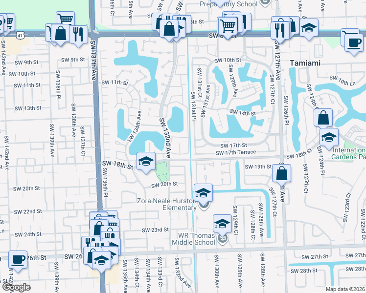 map of restaurants, bars, coffee shops, grocery stores, and more near 1672 Southwest 131st Place Circle East in Miami