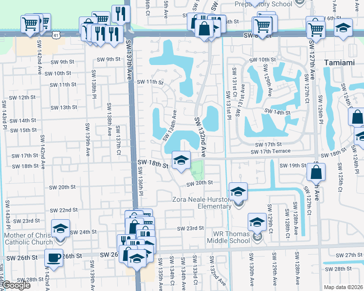 map of restaurants, bars, coffee shops, grocery stores, and more near 13250 Southwest 17th Lane in Miami