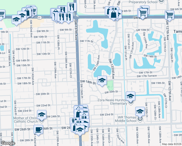 map of restaurants, bars, coffee shops, grocery stores, and more near 13438 Southwest 16th Lane in Miami