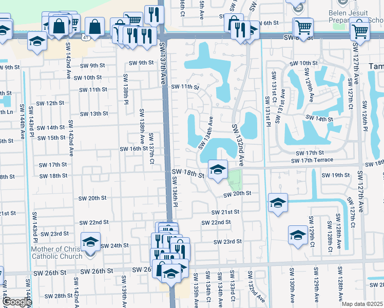 map of restaurants, bars, coffee shops, grocery stores, and more near 13438 Southwest 16th Lane in Miami