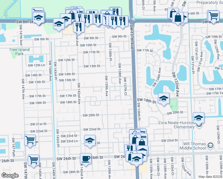 map of restaurants, bars, coffee shops, grocery stores, and more near 1634 Southwest 138th Place in Miami