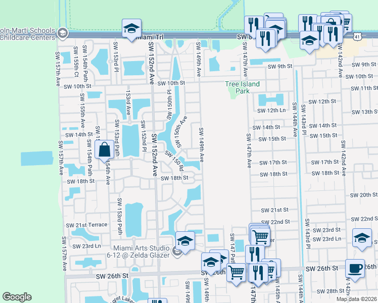 map of restaurants, bars, coffee shops, grocery stores, and more near 14972 Southwest 15th Lane in Miami