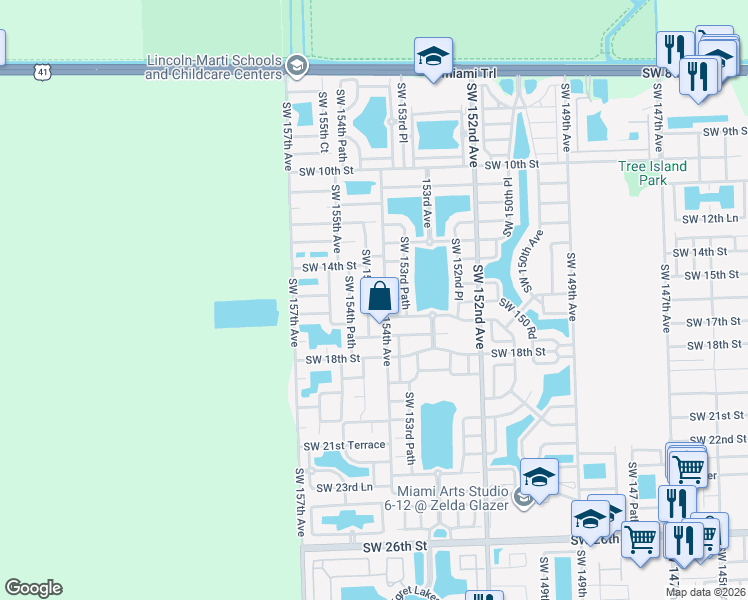 map of restaurants, bars, coffee shops, grocery stores, and more near 1587 Southwest 154th Court in Miami