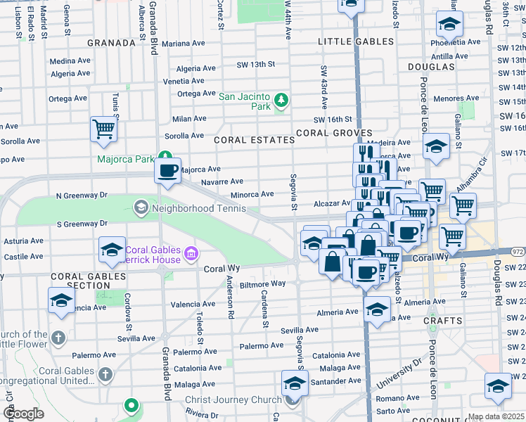 map of restaurants, bars, coffee shops, grocery stores, and more near 650 Alcazar Avenue in Miami