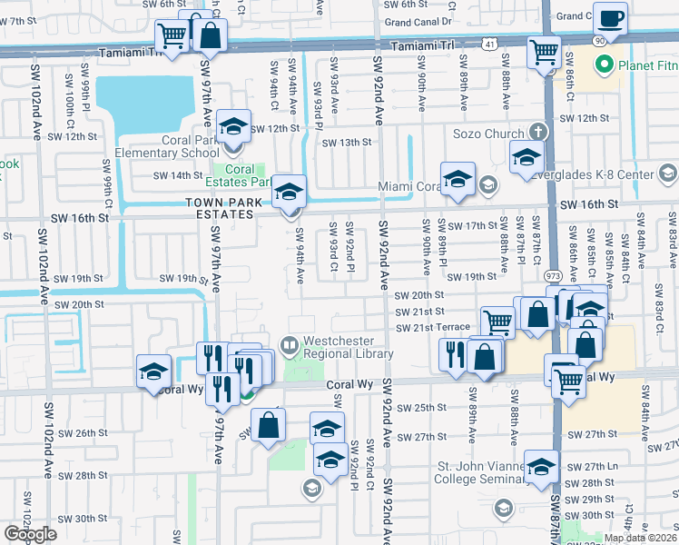 map of restaurants, bars, coffee shops, grocery stores, and more near 1831 Southwest 93rd Court in Miami