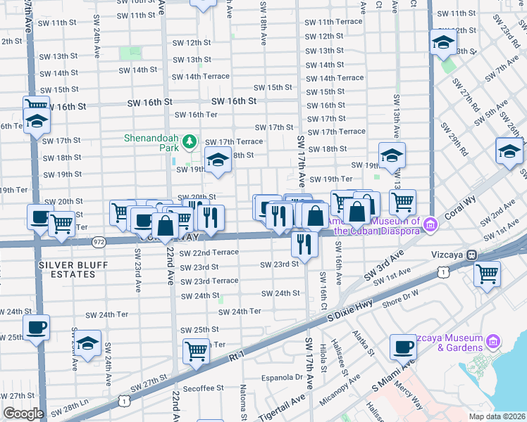 map of restaurants, bars, coffee shops, grocery stores, and more near 1814 Southwest 21st Street in Miami