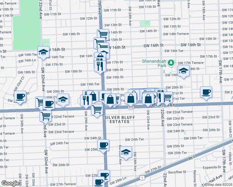 map of restaurants, bars, coffee shops, grocery stores, and more near 2501 Southwest 21st Street in Miami