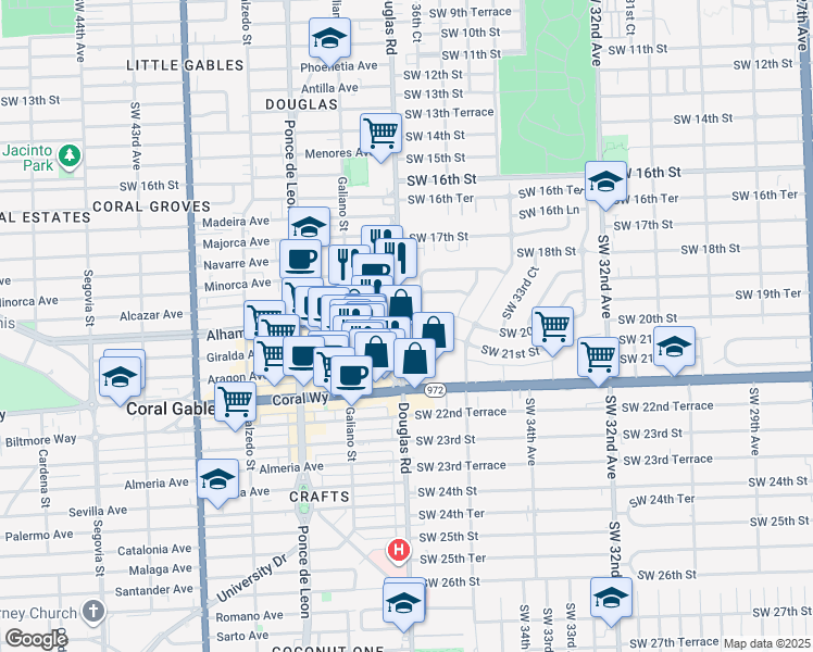 map of restaurants, bars, coffee shops, grocery stores, and more near 2001 Southwest 37th Avenue in Miami