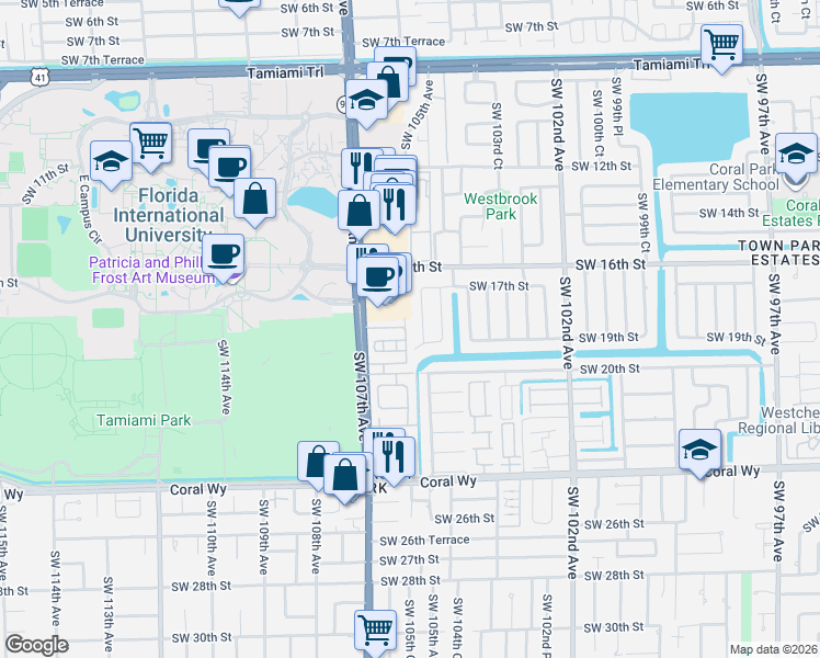 map of restaurants, bars, coffee shops, grocery stores, and more near 1823 Southwest 104th Place in Miami