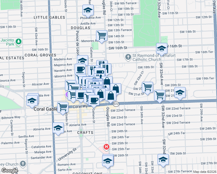 map of restaurants, bars, coffee shops, grocery stores, and more near 2001 Southwest 37th Avenue in Miami