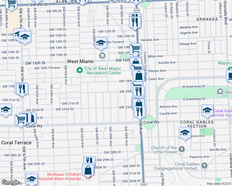 map of restaurants, bars, coffee shops, grocery stores, and more near 2004 Southwest 58th Court in Miami