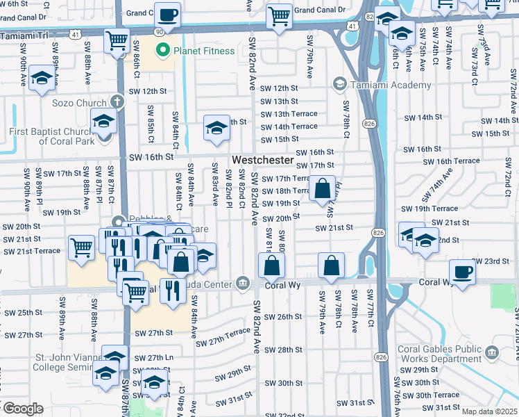 map of restaurants, bars, coffee shops, grocery stores, and more near 1930 Southwest 82nd Avenue in Miami