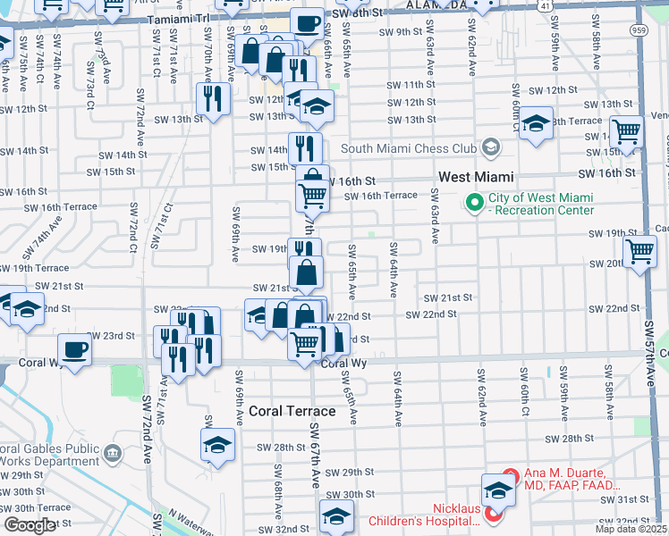 map of restaurants, bars, coffee shops, grocery stores, and more near 6531 Southwest 20th Street in Miami