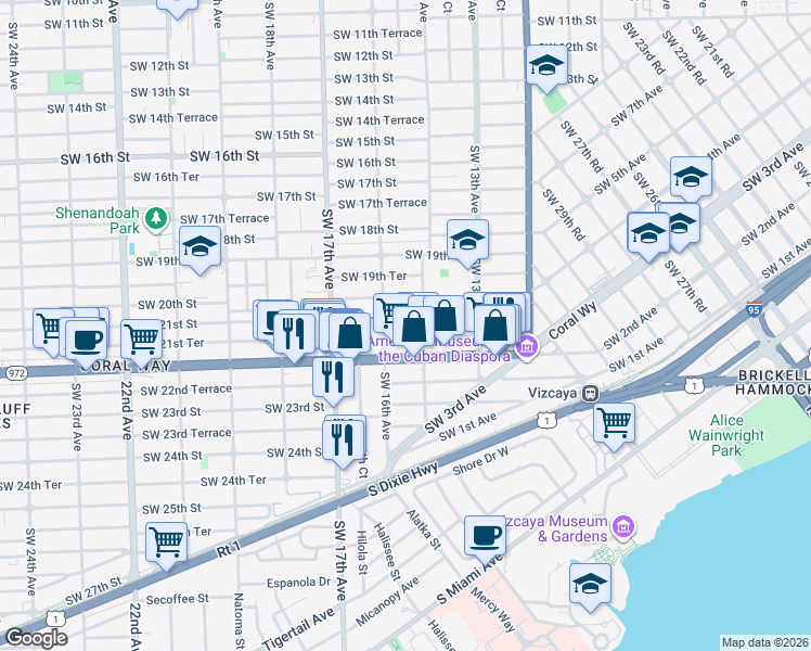 map of restaurants, bars, coffee shops, grocery stores, and more near 2102 Southwest 14th Avenue in Miami