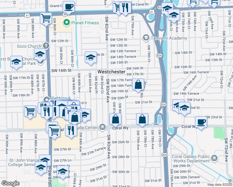 map of restaurants, bars, coffee shops, grocery stores, and more near 8020 Southwest 19th Street in Miami