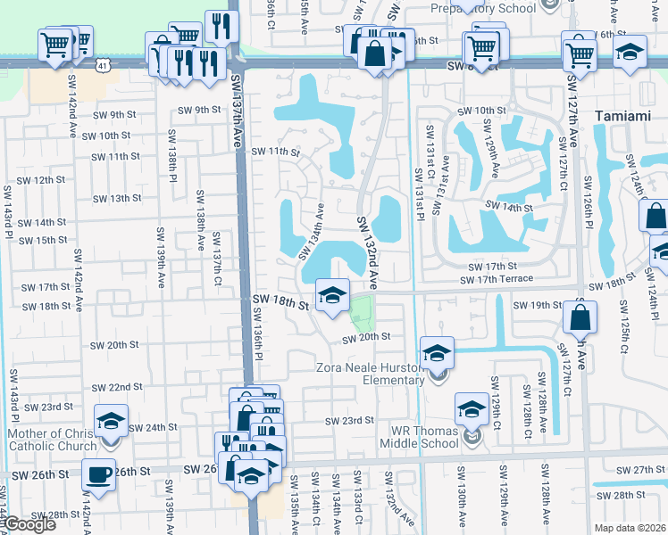 map of restaurants, bars, coffee shops, grocery stores, and more near 13250 Southwest 17th Lane in Miami