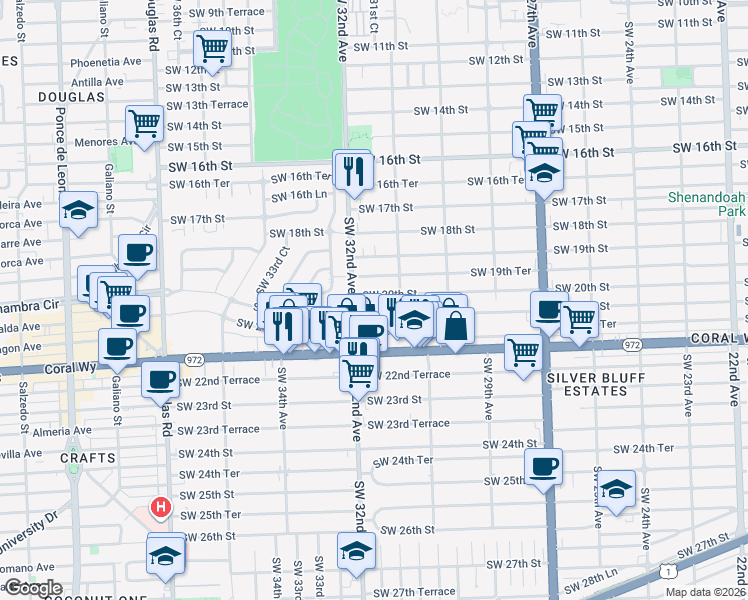 map of restaurants, bars, coffee shops, grocery stores, and more near 3150 Southwest 20th Street in Miami