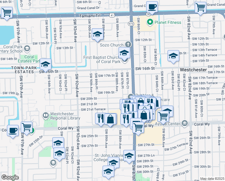 map of restaurants, bars, coffee shops, grocery stores, and more near 8815 Southwest 19th Street in Miami