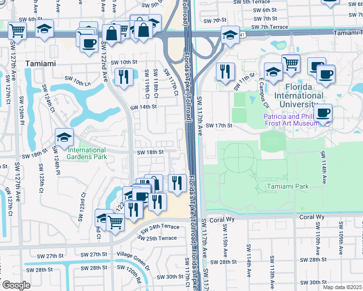 map of restaurants, bars, coffee shops, grocery stores, and more near 11757 Southwest 18th Street in Miami