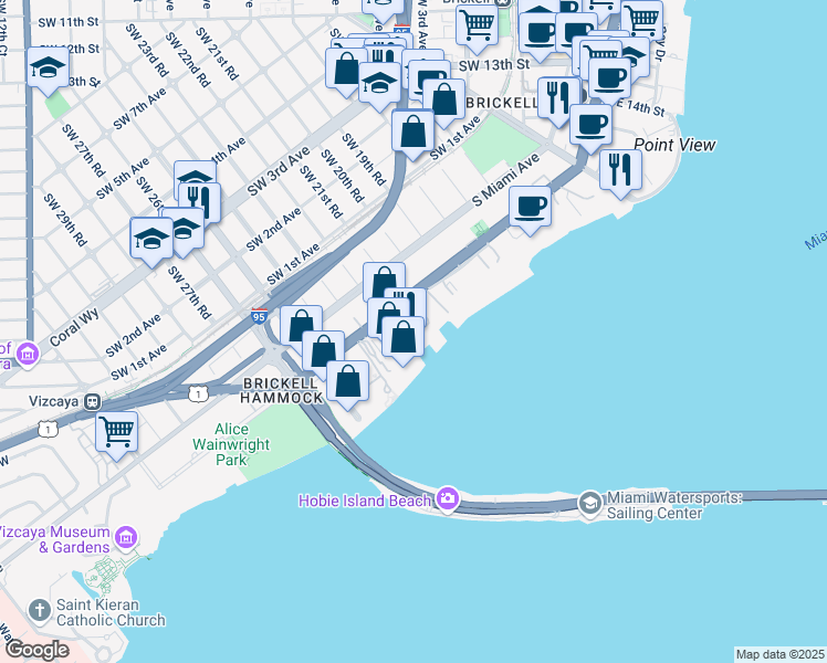 map of restaurants, bars, coffee shops, grocery stores, and more near 2101 Brickell Avenue in Miami