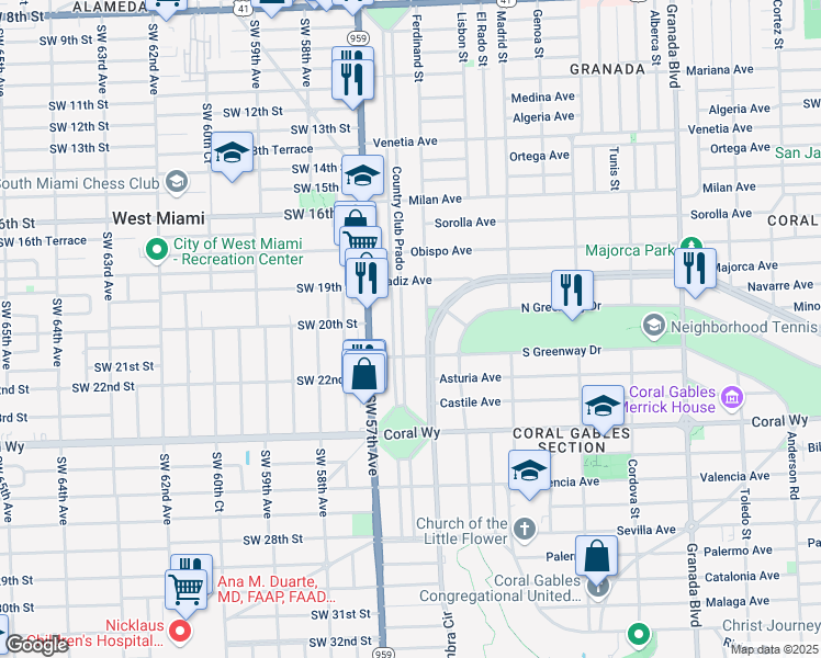 map of restaurants, bars, coffee shops, grocery stores, and more near 2021 Country Club Prado in Coral Gables