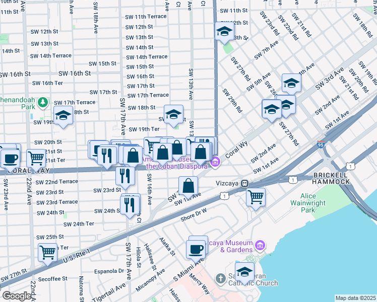 map of restaurants, bars, coffee shops, grocery stores, and more near 1331 Southwest 21st Terrace in Miami