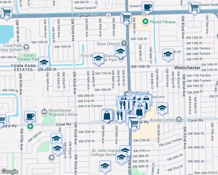 map of restaurants, bars, coffee shops, grocery stores, and more near 8815 Southwest 19th Street in Miami