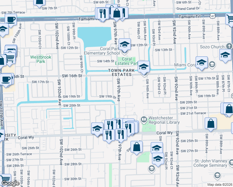 map of restaurants, bars, coffee shops, grocery stores, and more near 1820 Southwest 97th Avenue in Miami