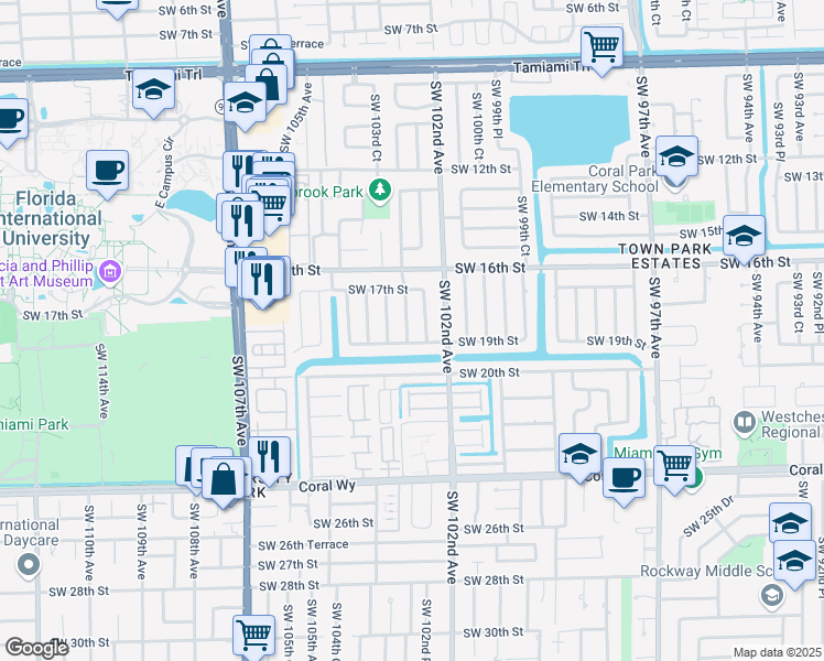 map of restaurants, bars, coffee shops, grocery stores, and more near 1834 Southwest 102nd Court in Miami
