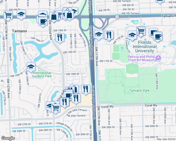 map of restaurants, bars, coffee shops, grocery stores, and more near 11757 Southwest 18th Street in Miami