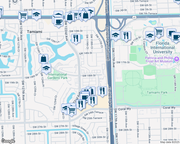 map of restaurants, bars, coffee shops, grocery stores, and more near 11801 Southwest 18th Street in Miami