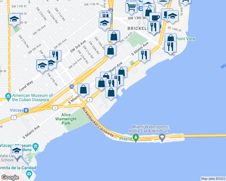 map of restaurants, bars, coffee shops, grocery stores, and more near 2101 Brickell Avenue in Miami
