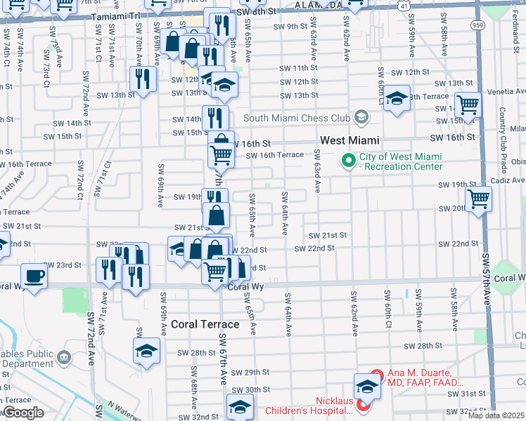 map of restaurants, bars, coffee shops, grocery stores, and more near 6461 Southwest 20th Street in Miami