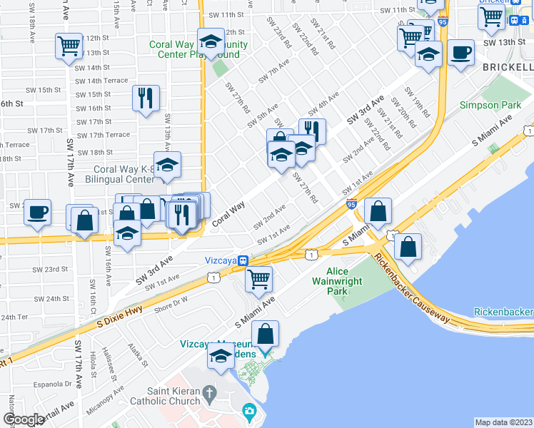map of restaurants, bars, coffee shops, grocery stores, and more near 2910 Southwest 2nd Avenue in Miami