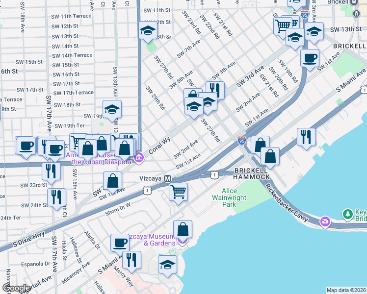map of restaurants, bars, coffee shops, grocery stores, and more near 200 Southwest 30th Road in Miami