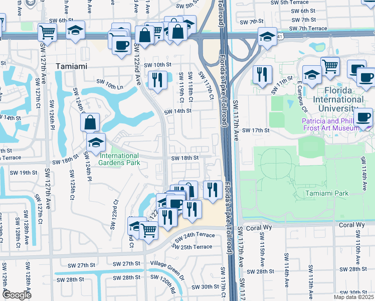 map of restaurants, bars, coffee shops, grocery stores, and more near 11801 Southwest 18th Street in Miami