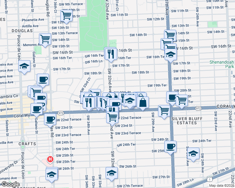 map of restaurants, bars, coffee shops, grocery stores, and more near 3150 Southwest 20th Street in Miami