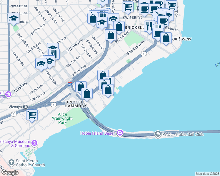 map of restaurants, bars, coffee shops, grocery stores, and more near 2127 Brickell Avenue in Miami