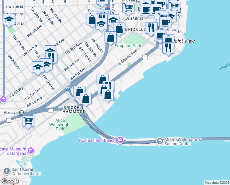 map of restaurants, bars, coffee shops, grocery stores, and more near 2101 Brickell Avenue in Miami