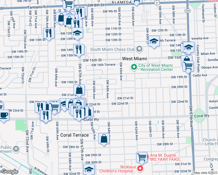 map of restaurants, bars, coffee shops, grocery stores, and more near in Coral Terrace