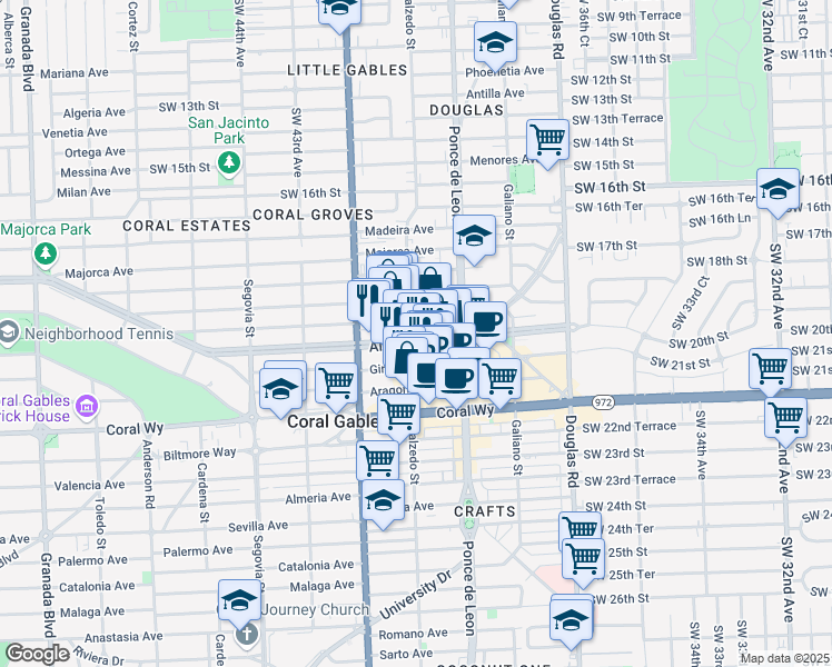 map of restaurants, bars, coffee shops, grocery stores, and more near 299 Alhambra Circle in Coral Gables