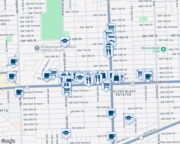 map of restaurants, bars, coffee shops, grocery stores, and more near 3005 Southwest 21st Street in Miami