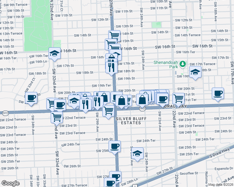 map of restaurants, bars, coffee shops, grocery stores, and more near 2075 Southwest 27th Avenue in Miami