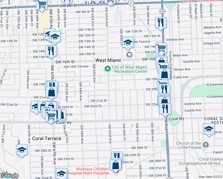 map of restaurants, bars, coffee shops, grocery stores, and more near 6130 Southwest 20th Street in Miami
