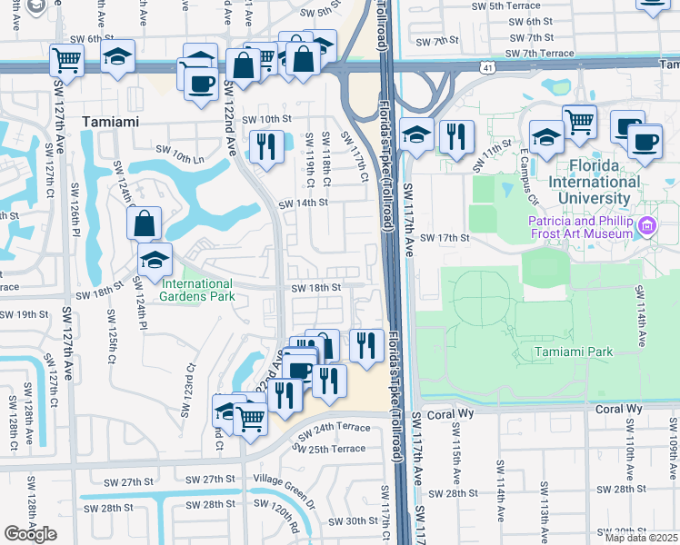 map of restaurants, bars, coffee shops, grocery stores, and more near 11801 Southwest 18th Street in Miami