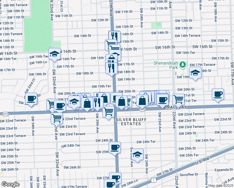 map of restaurants, bars, coffee shops, grocery stores, and more near 2075 Southwest 27th Avenue in Miami