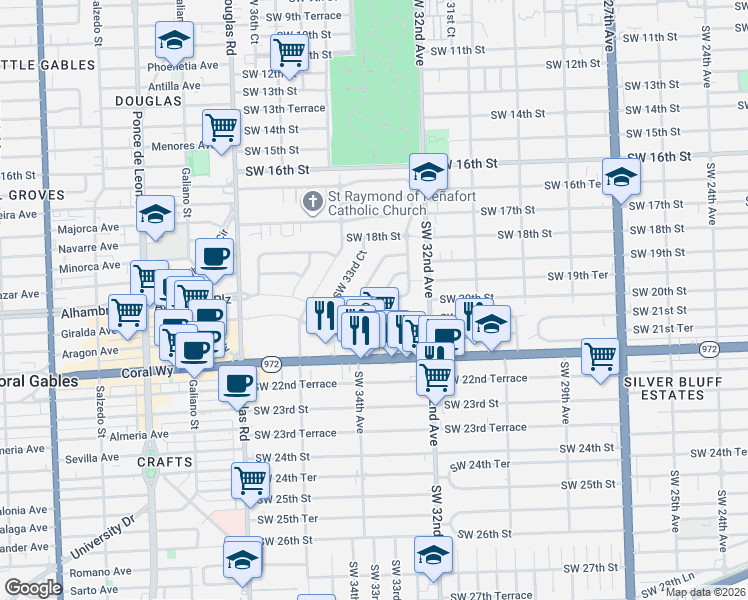 map of restaurants, bars, coffee shops, grocery stores, and more near 3270 Southwest 20th Street in Miami